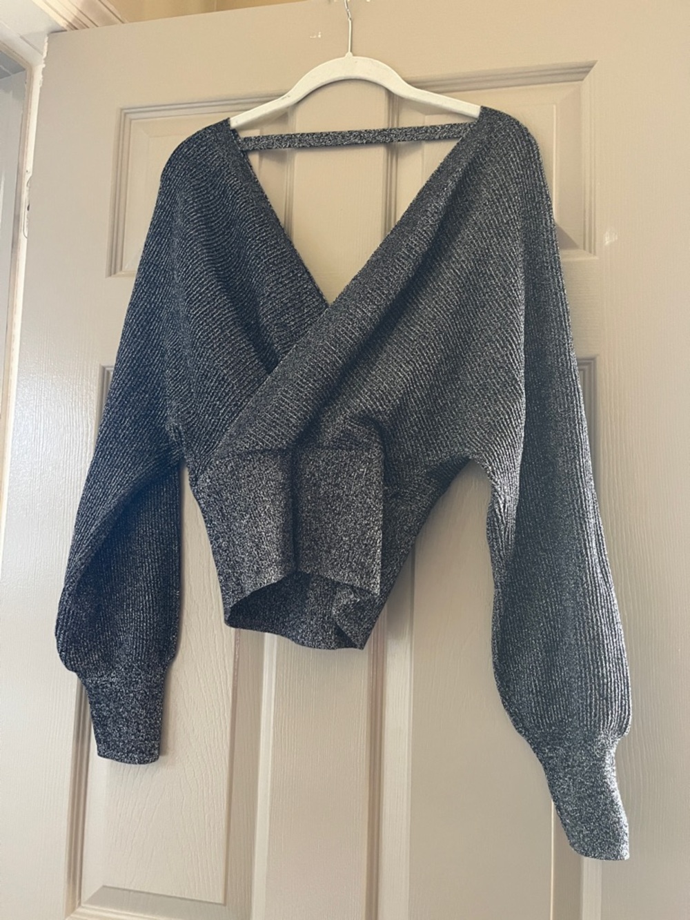 Crossover V-Neck Knit Sweater - Charcoal Gray
